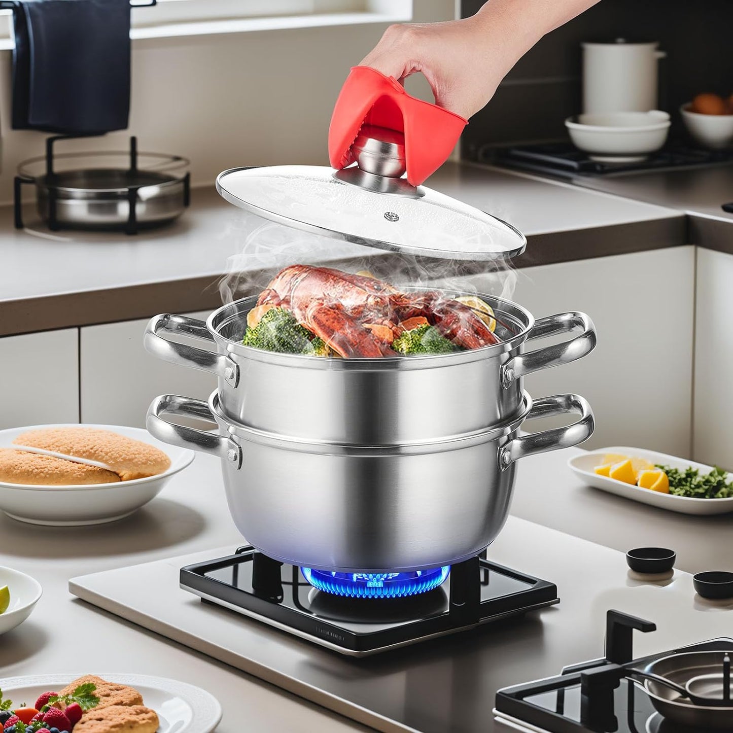 VEVOR Steamer Pot 9.5 in. Steamer Pot for Cooking with 5 qt. Stock Pot and Vegetable Steamer Stainless Steel Food Steamer