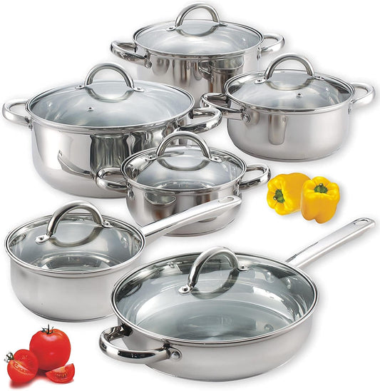 Cook N Home 12-Piece Stainless Steel Cookware Set in Gray and Stainless Steel