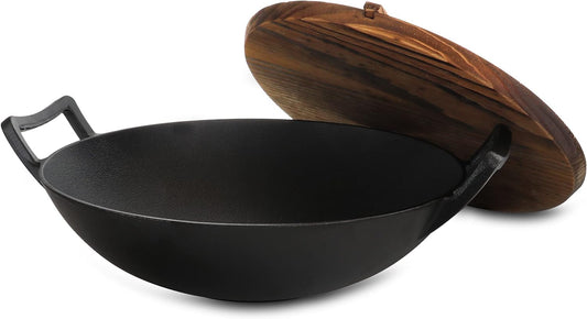 MegaChef 14 in. Heavy Duty Cast Iron Wok with Wood Lid