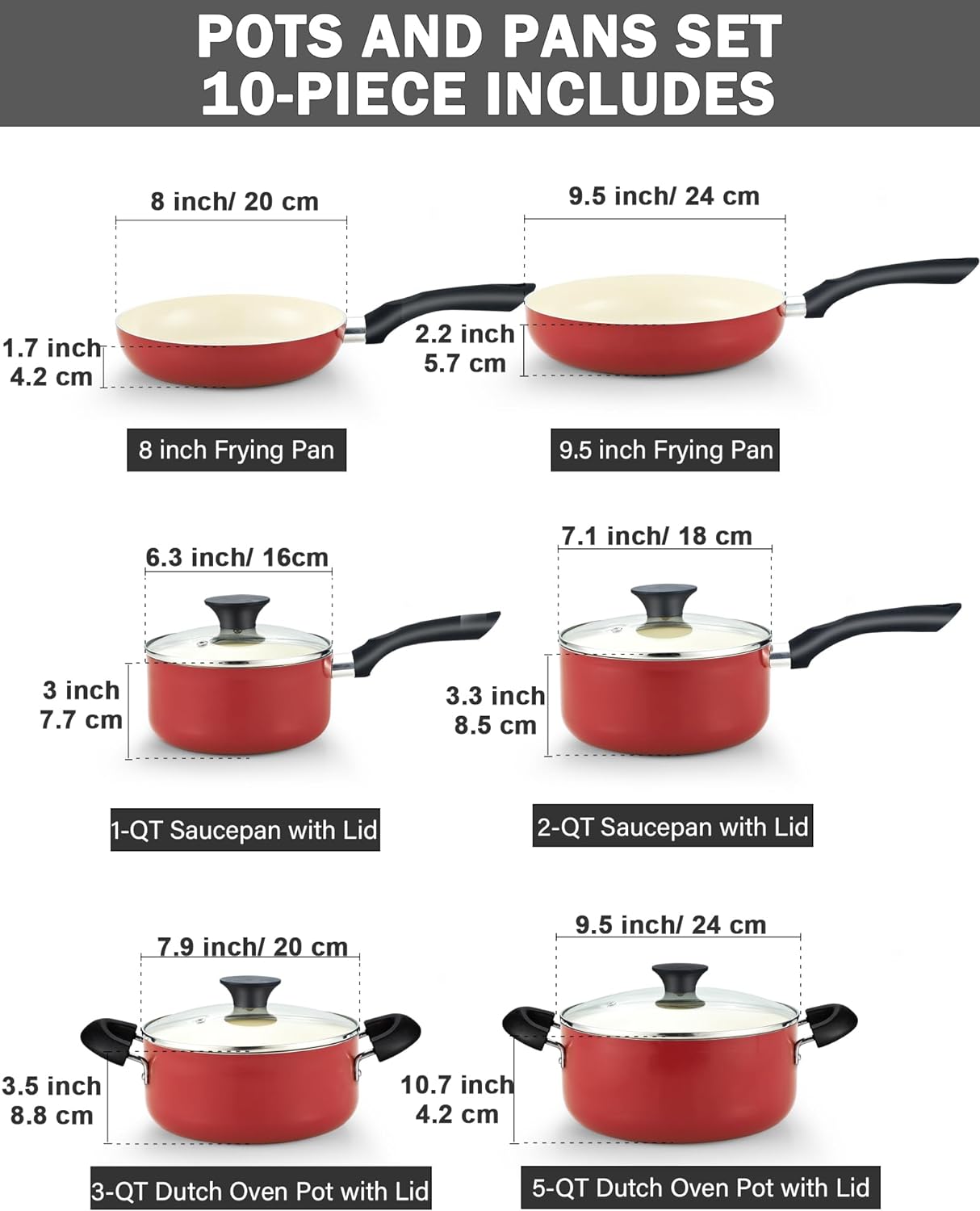 Cook N Home Stay Cool Handle 10-Piece Aluminum Ceramic Nonstick Cookware Set in Red