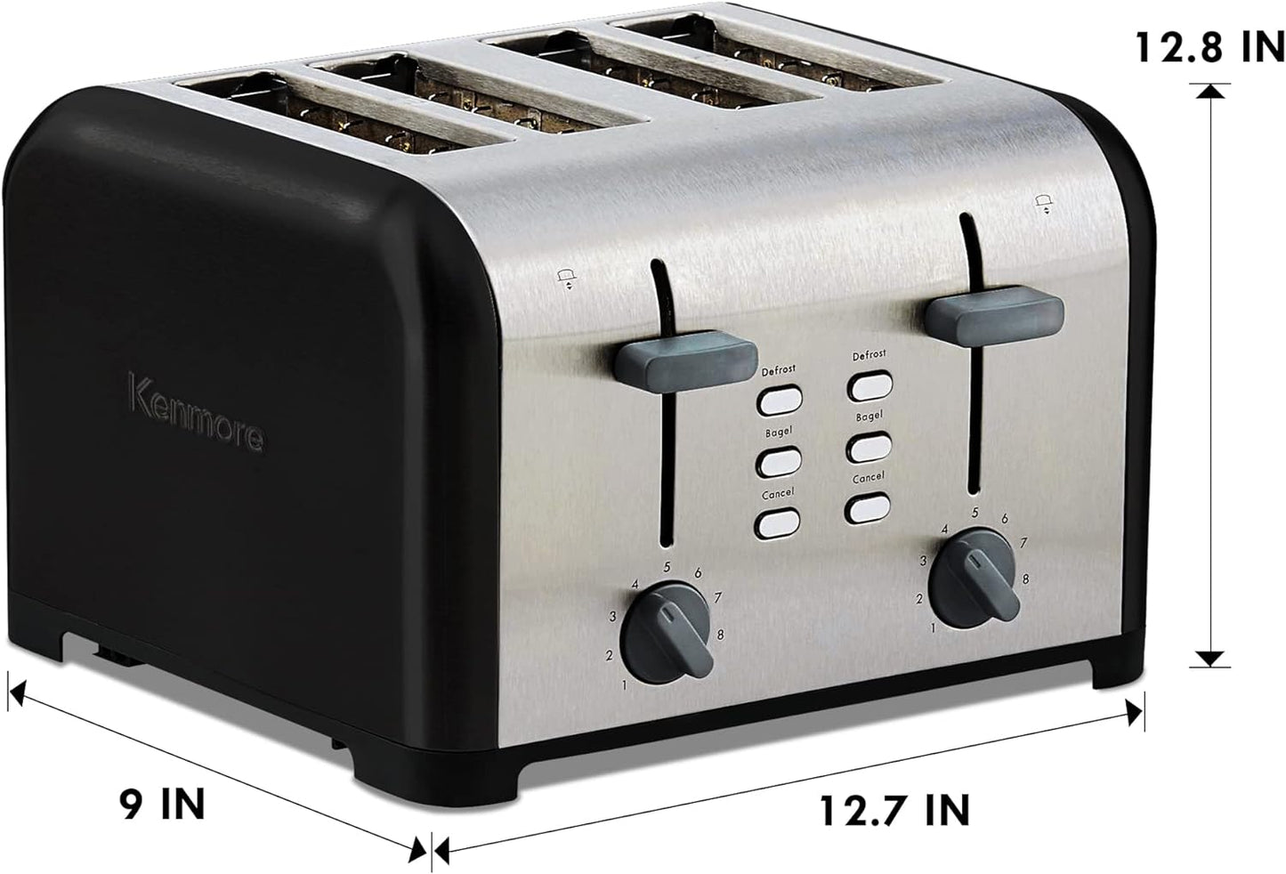 KENMORE 4-Slice Toaster, BlackStainless Steel, Dual Controls, Extra Wide Slots, Bagel and Defrost