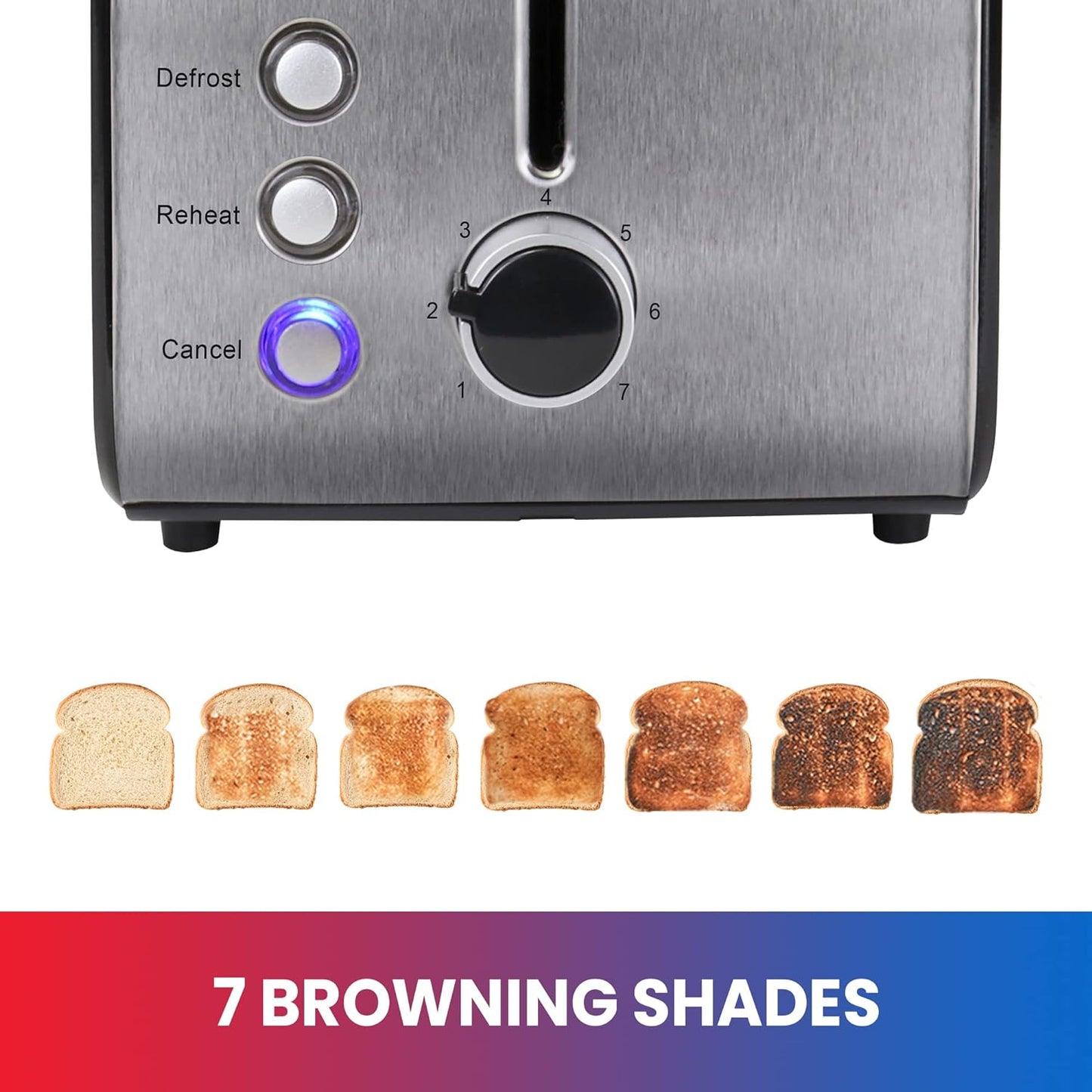 Total Chef 2 Slice Compact Wide Slot Toaster, 7 Shade Settings, Defrost and Reheat, Stainless Steel