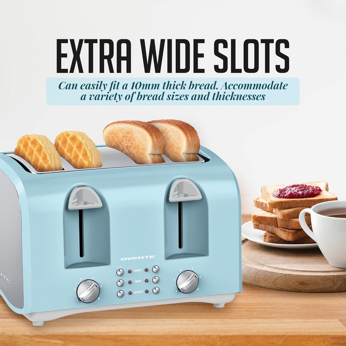 OVENTE 1400-Watt 4-Slice Light Blue Toaster with Extra Wide Slots, 6-Shade Browning Setting, Countertop Toaster