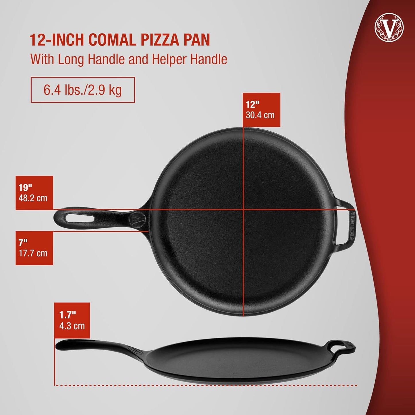 Victoria 12 in. Black Cast Iron Comal Skillet with Long Handle and Helper Handle, Seasoned