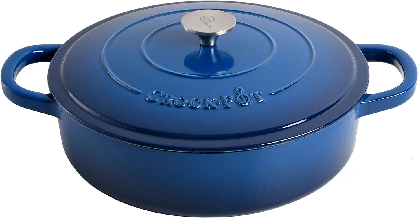 Crock-Pot Artisan 5 qt. Round Enameled Cast Iron Braiser Pan with Self Basting Lid in Blue