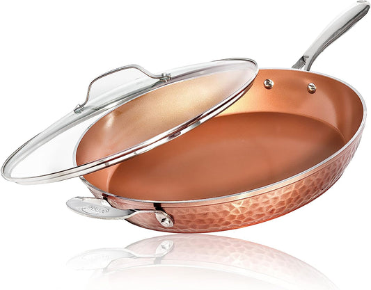 Gotham Steel Hammered Copper 14 in. Aluminum Non-Stick XL Family Frying Pan with Glass Lid