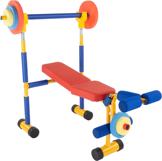 Hey! Play! Toy Weight Bench Workout Equipment Set for Beginner Exercise, Weightlifting with Leg Press & Barbell-Easy Assembly