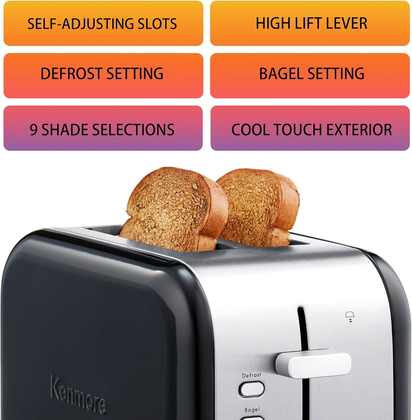 KENMORE 2-Slice Toaster, BlackStainless Steel, Extra Wide Slots, Bagel, Defrost, 9 Shade Settings