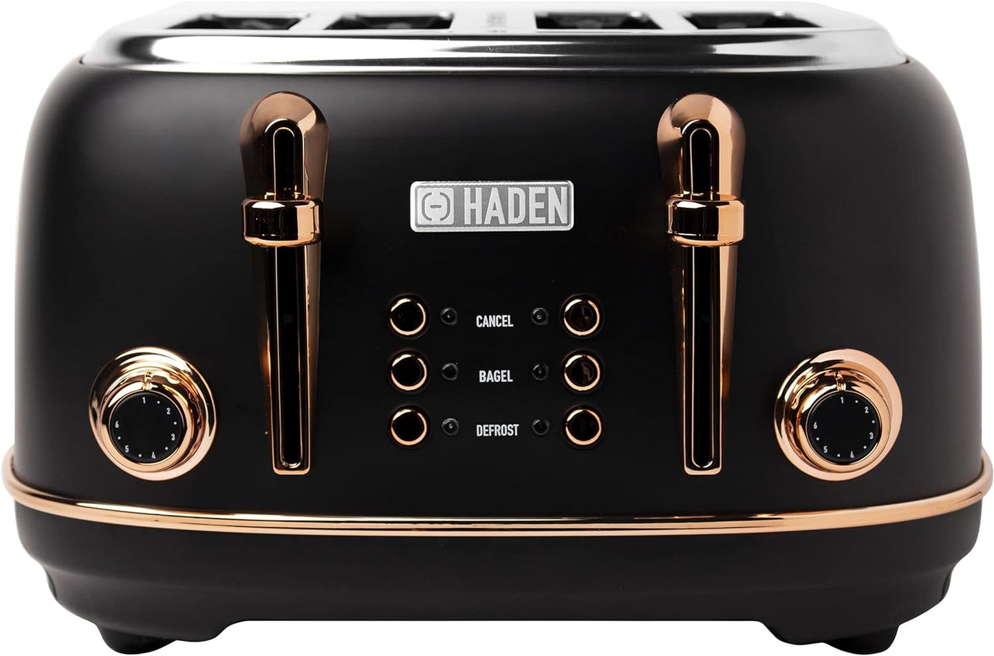 HADEN Heritage 1500-Watt 4-Slice Black and Copper Wide Slot Retro Toaster with Removable Crumb Tray and Browning Control