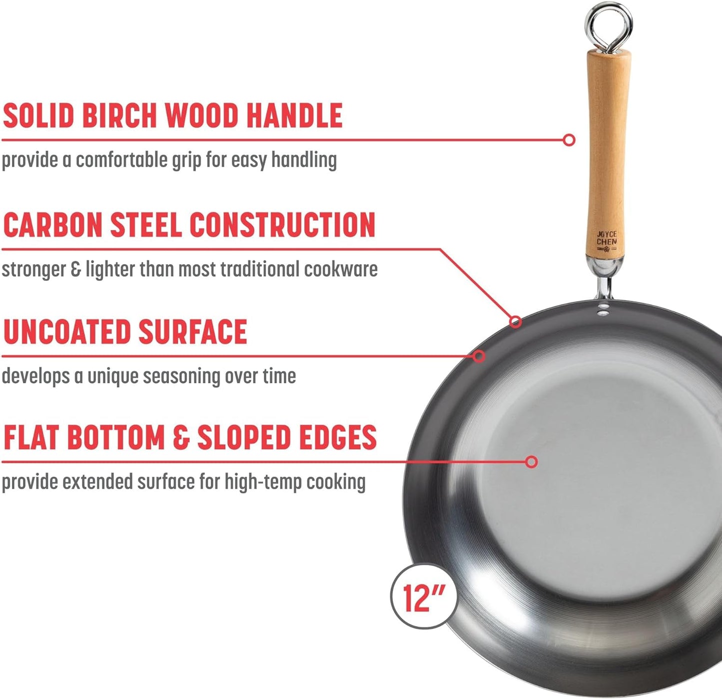 JOYCE CHEN Joyce Chen 12 in. Silver Carbon Steel Stir-Fry Pan with Birchwood Handle