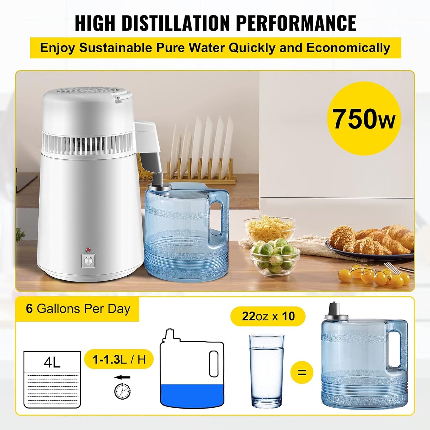 VEVOR Water Distiller 750 Watt Purifier Filter 1.1 Gal. Fully Upgraded Distilling Pure Water Machine with Handle, White