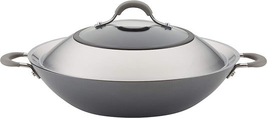 Circulon Elementum Hard-Anodized Nonstick Covered Wok with Side Handles, 14-Inch, Oyster Gray