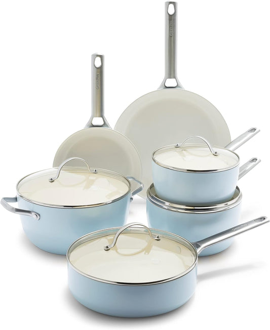 GreenPan Padova 10-Piece Aluminum Ceramic Nonstick Cookware Set in Light Blue