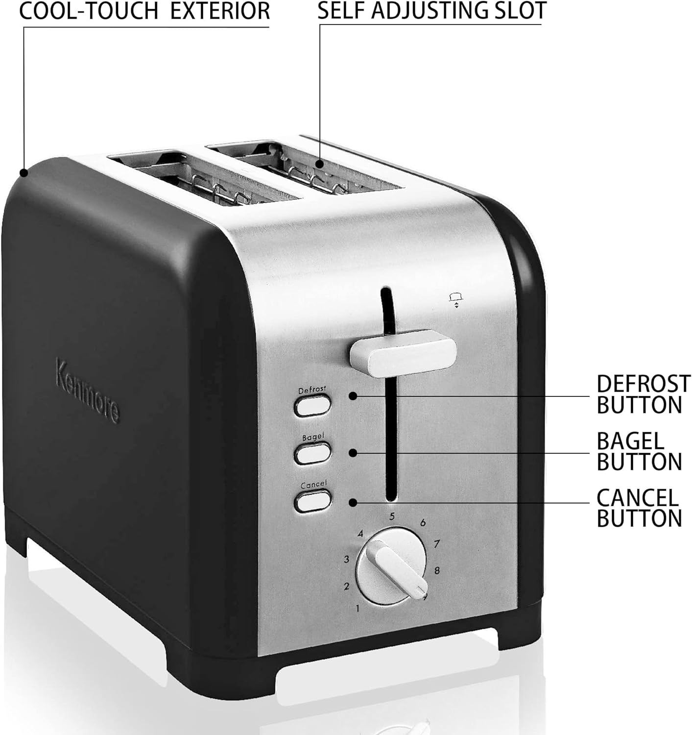 KENMORE 2-Slice Toaster, BlackStainless Steel, Extra Wide Slots, Bagel, Defrost, 9 Shade Settings