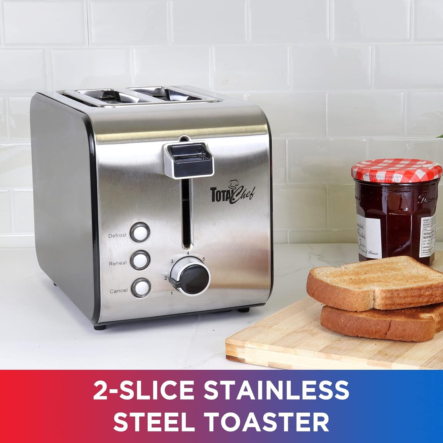 Total Chef 2 Slice Compact Wide Slot Toaster, 7 Shade Settings, Defrost and Reheat, Stainless Steel