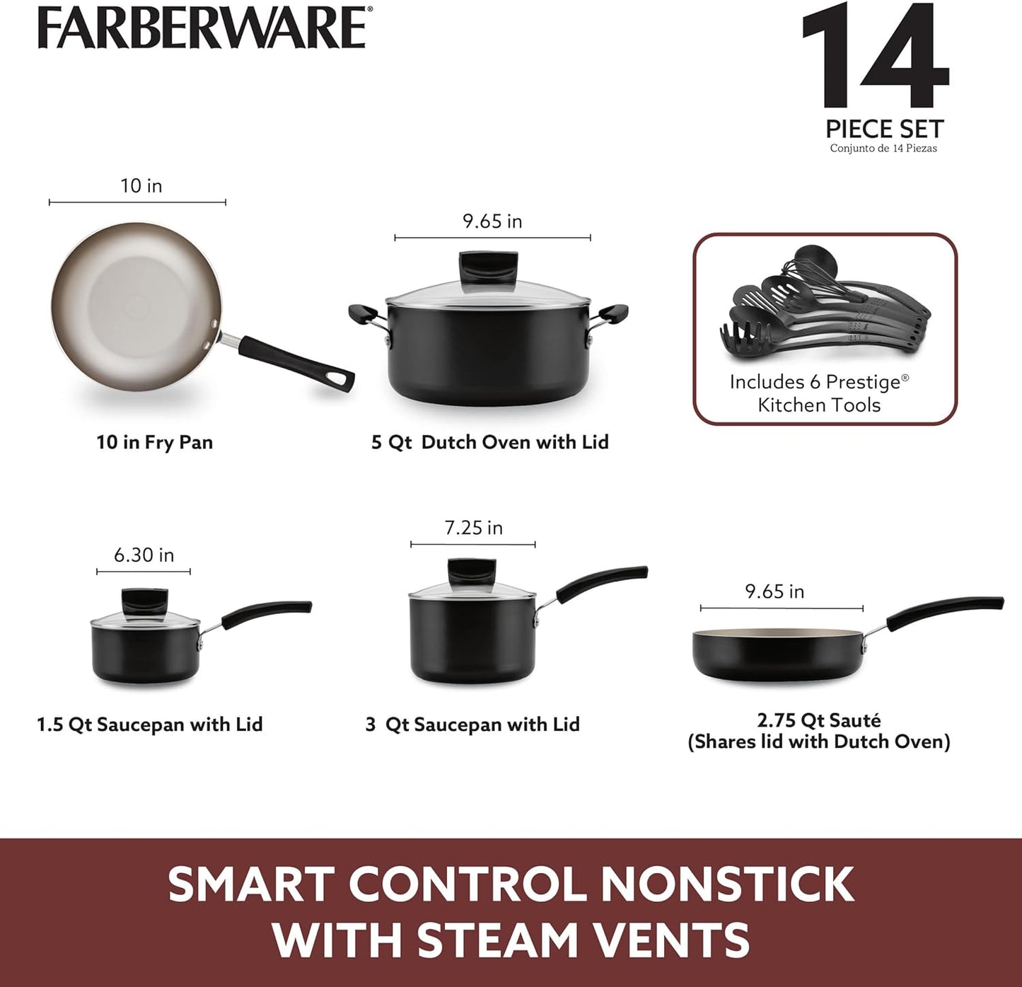 Farberware Black 14-Piece Smart Control Cookware Nonstick Pots and Pans Set