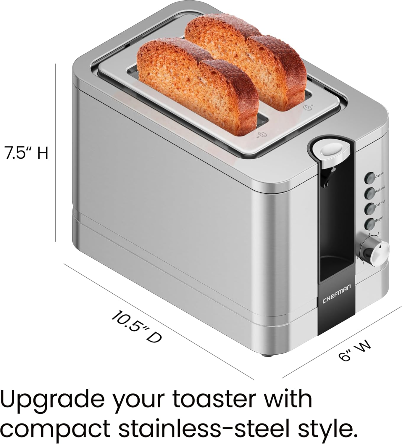 Chefman 2-Slice Pop-Up Stainless Steel Toaster, 7 Shade Settings, Silver