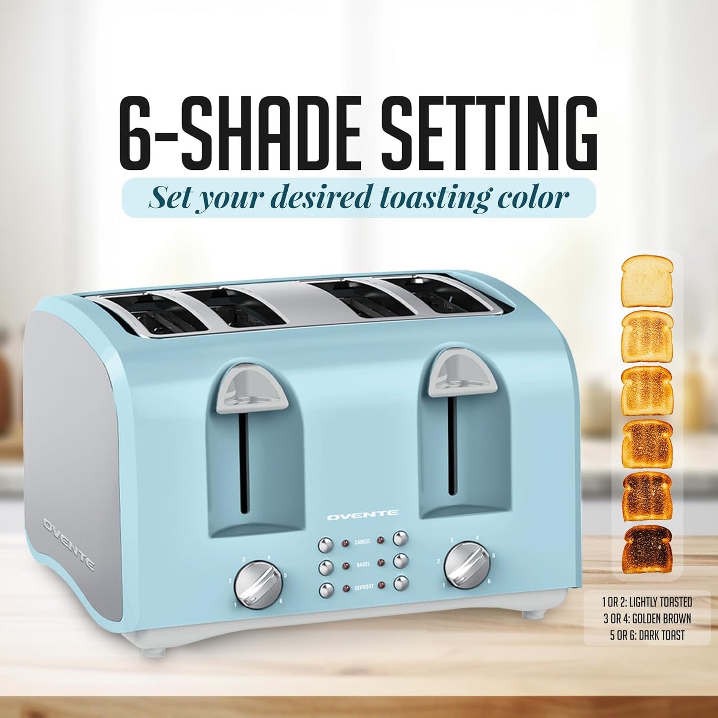 OVENTE 1400-Watt 4-Slice Light Blue Toaster with Extra Wide Slots, 6-Shade Browning Setting, Countertop Toaster