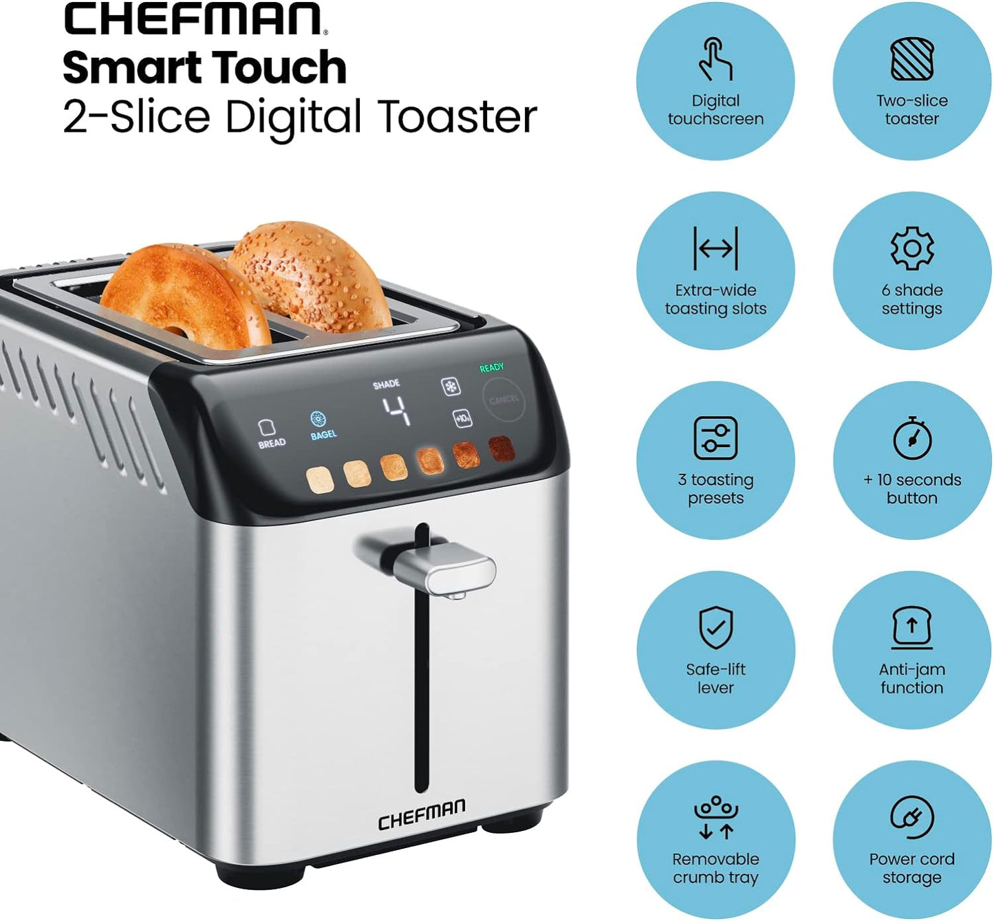 Chefman 850-Watts 2-Slice Stainless Steel Digital Wide Slot Toaster with Touchscreen and Bagel Mode