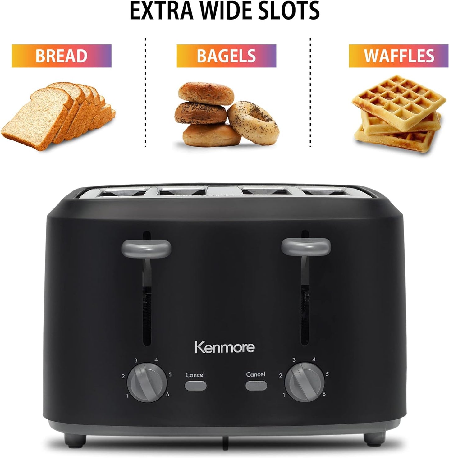 KENMORE 4-Slice Toaster with Dual Controls, Matte Black and Gray, Wide Slots, Adjustable Browning