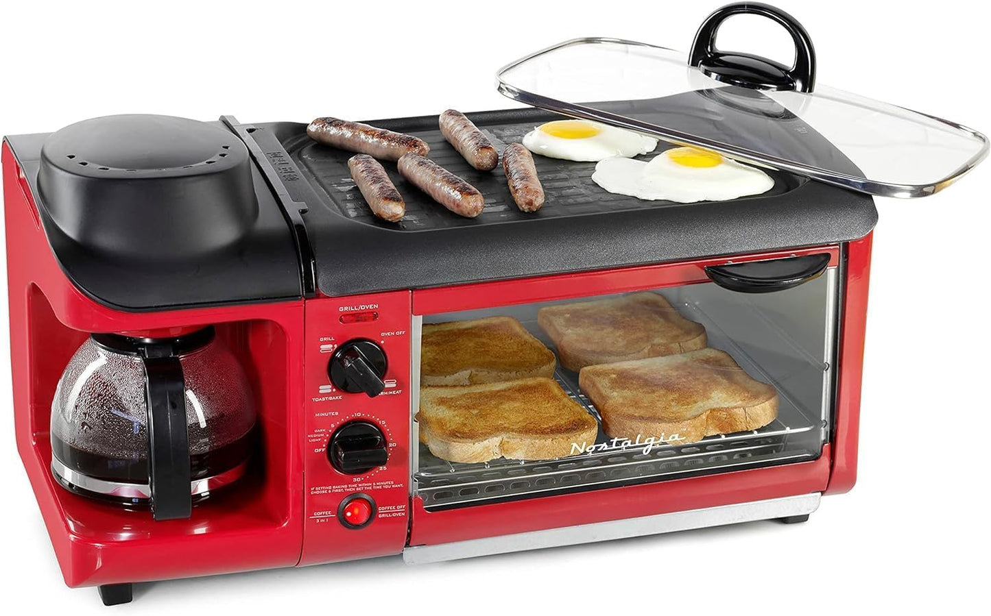 Nostalgia 1500 W 4-Slice Red Toaster Oven Breakfast Station