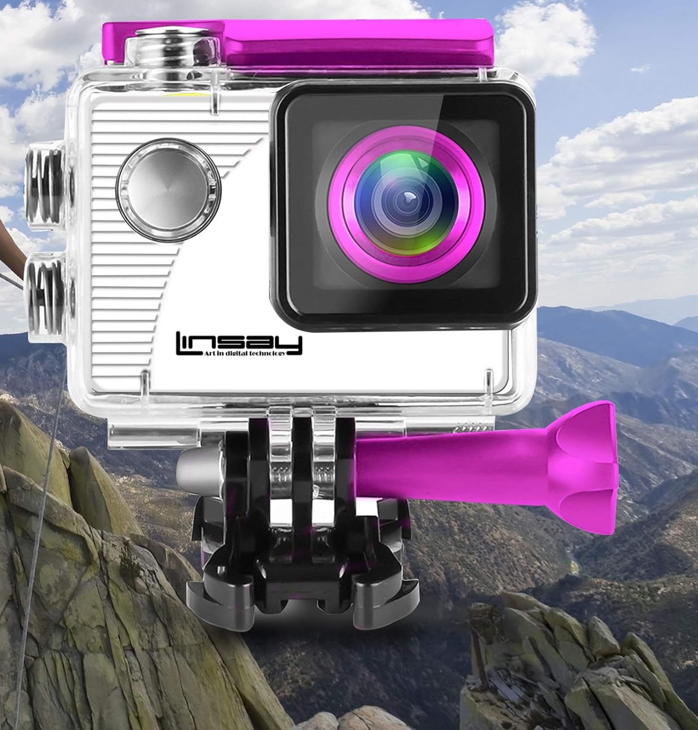 LINSAY Funny Kids Pink Action Camera Sport Outdoor Activities HD Video and Photos Micro SD Card Slot up to 32GB