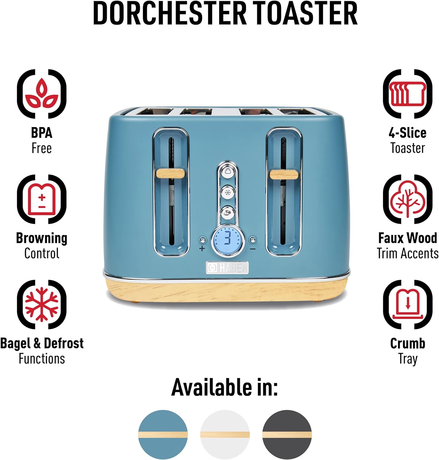 HADEN Dorchester 1600-Watt 4-Slices of Bread Stone Blue Wide Slot Toaster