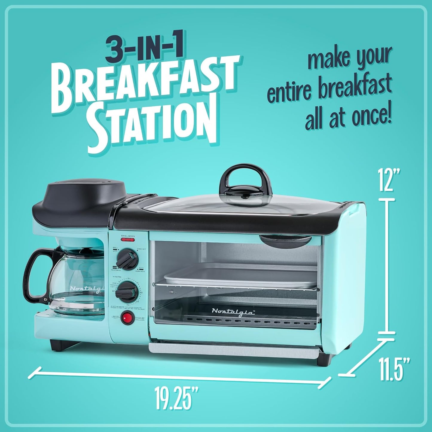 Nostalgia Retro 3-in-1 Aqua Electric Breakfast Station,With Non Stick Die Cast Grill/Griddle,4 Slice Toaster Oven and Coffee Maker