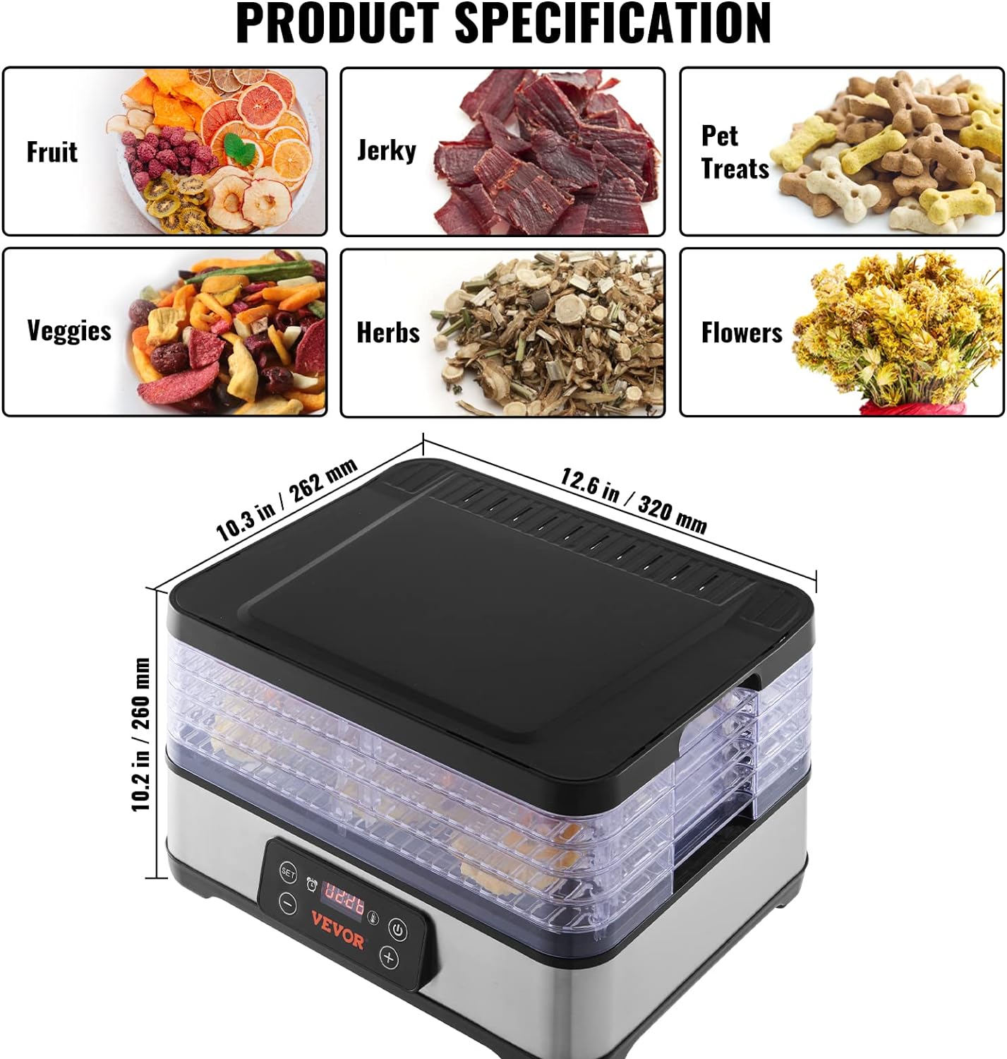 VEVOR Food Dehydrator Machine 5-Tray Fruit Black Dehydrator 300W Electric Food Dryer