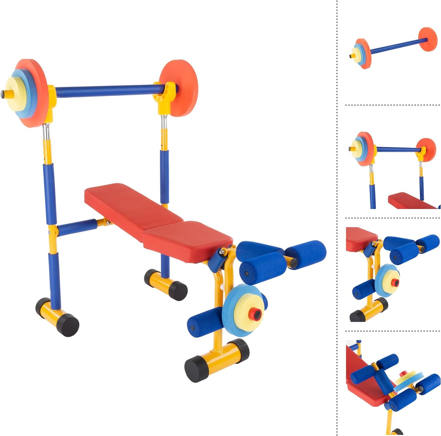 Hey! Play! Toy Weight Bench Workout Equipment Set for Beginner Exercise, Weightlifting with Leg Press & Barbell-Easy Assembly