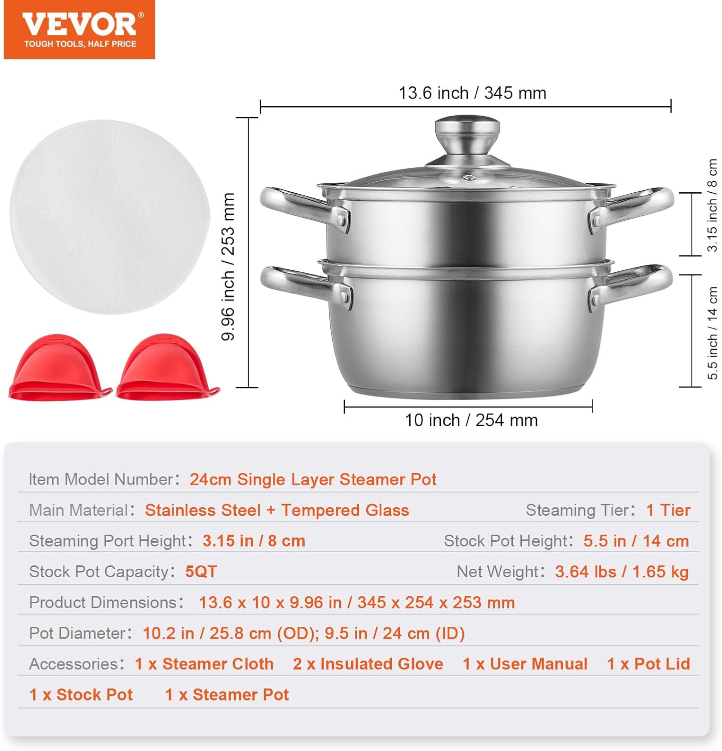 VEVOR Steamer Pot 9.5 in. Steamer Pot for Cooking with 5 qt. Stock Pot and Vegetable Steamer Stainless Steel Food Steamer