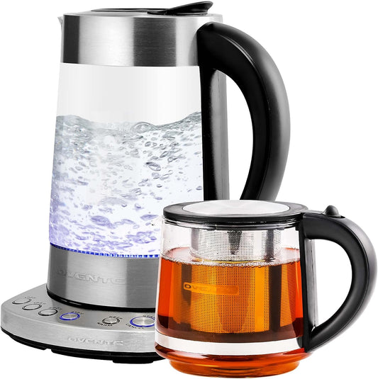 OVENTE 7.2-Cup Stainless Steel Electric Glass Kettle with ProntoFill Technology and 27-Oz. Reusable Teapot with Infuser, Bundle