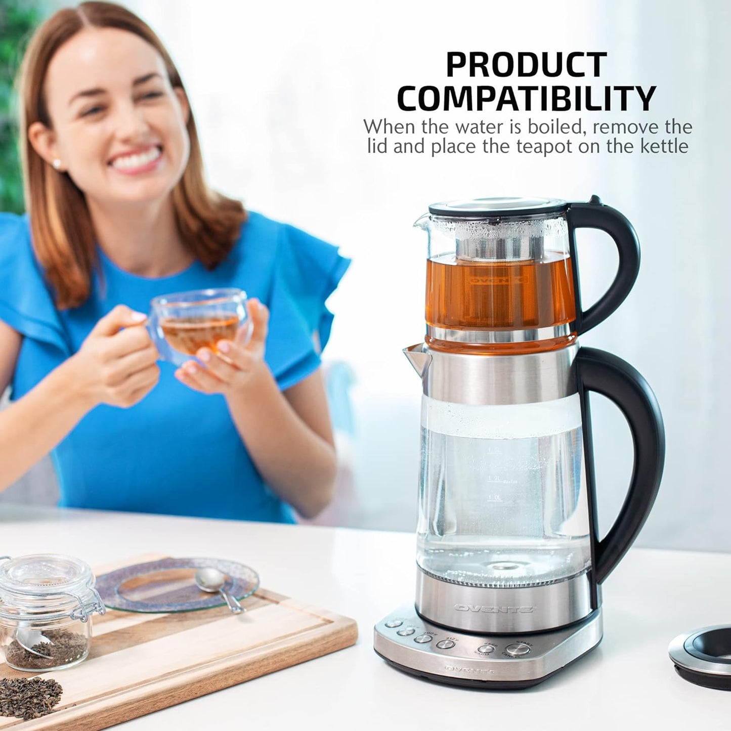 OVENTE 7.2-Cup Stainless Steel Electric Glass Kettle with ProntoFill Technology and 27-Oz. Reusable Teapot with Infuser, Bundle