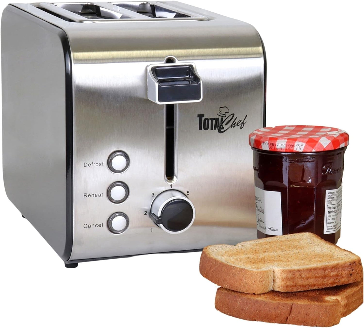 Total Chef 2 Slice Compact Wide Slot Toaster, 7 Shade Settings, Defrost and Reheat, Stainless Steel