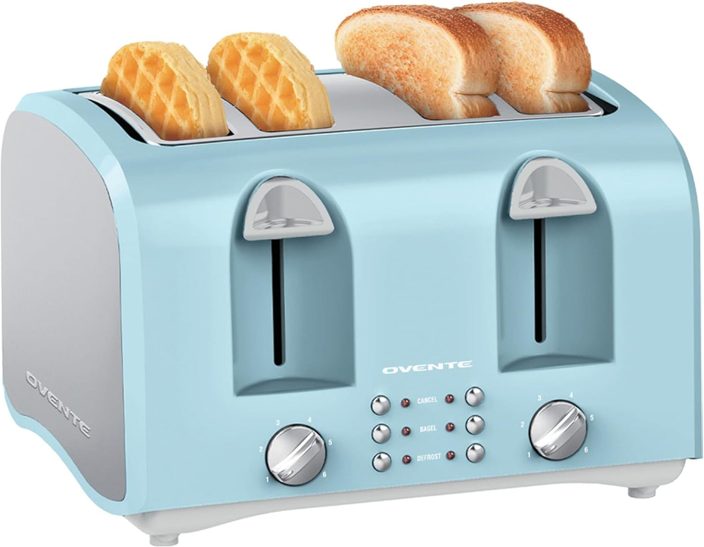 OVENTE 1400-Watt 4-Slice Light Blue Toaster with Extra Wide Slots, 6-Shade Browning Setting, Countertop Toaster