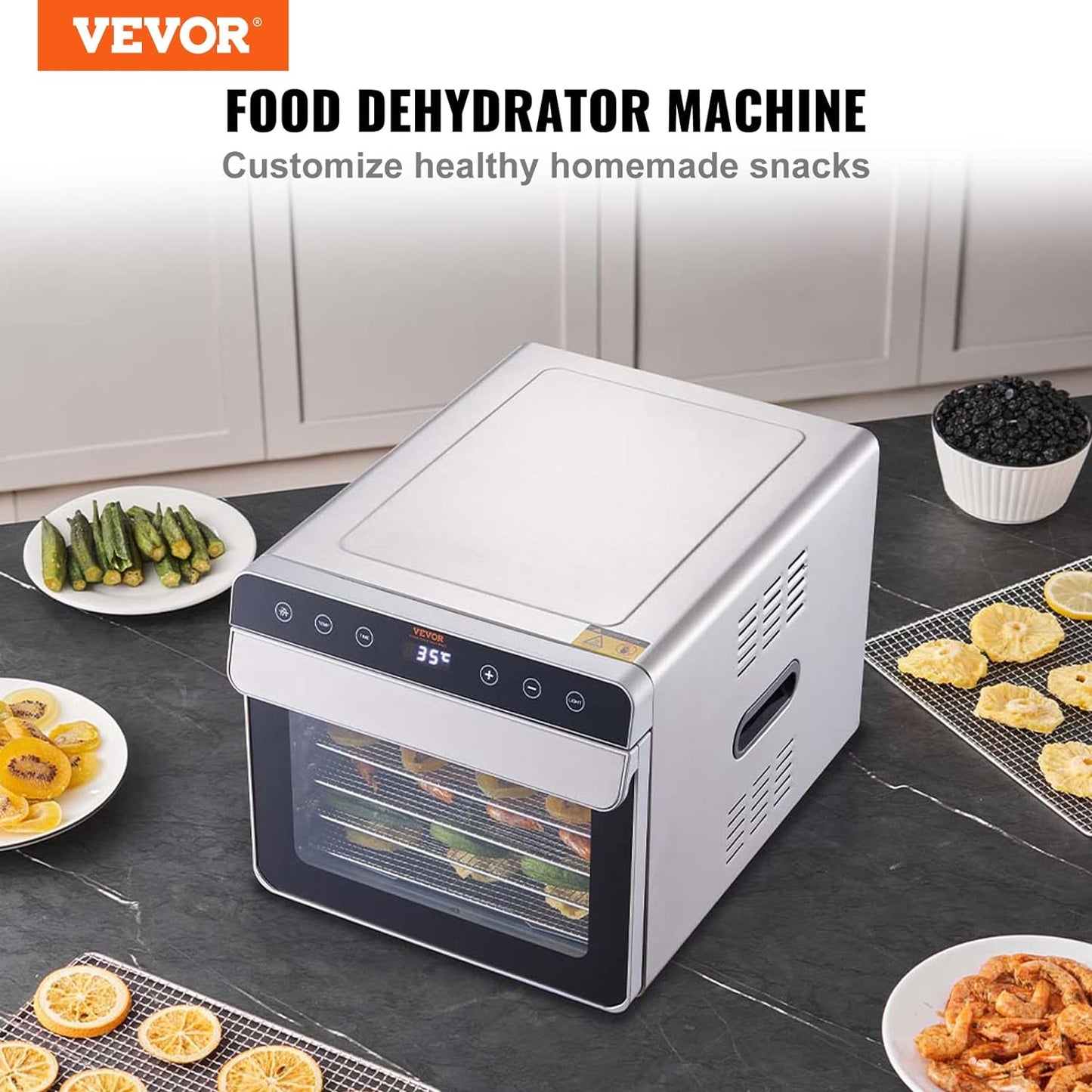 VEVOR Food Dehydrator Machine w/6 Stainless Steel Trays, 700-Watts Silver Food Dryer w/Adjustable Temperature, ETL Listed