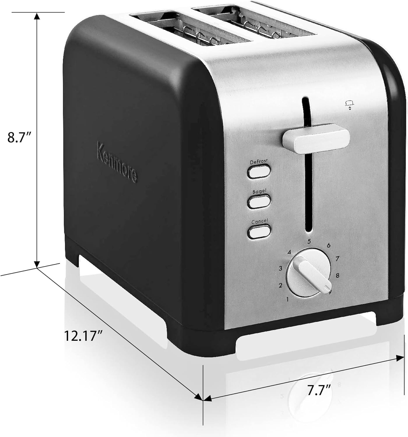 KENMORE 2-Slice Toaster, BlackStainless Steel, Extra Wide Slots, Bagel, Defrost, 9 Shade Settings