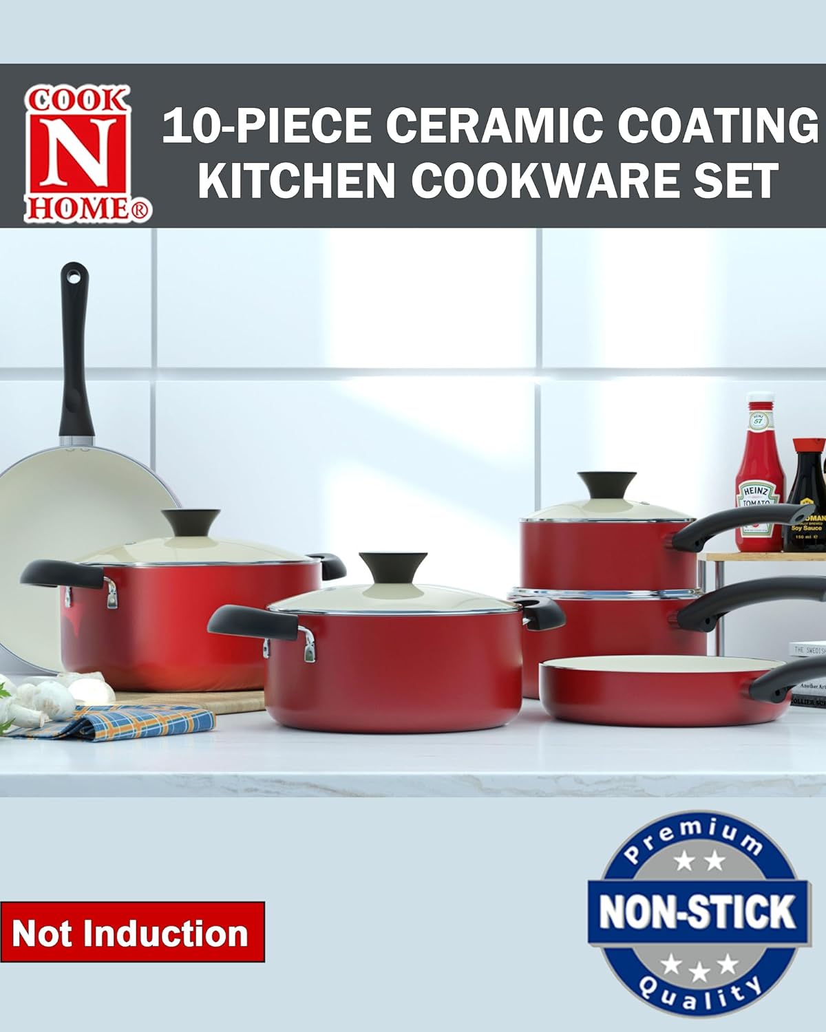 Cook N Home Stay Cool Handle 10-Piece Aluminum Ceramic Nonstick Cookware Set in Red