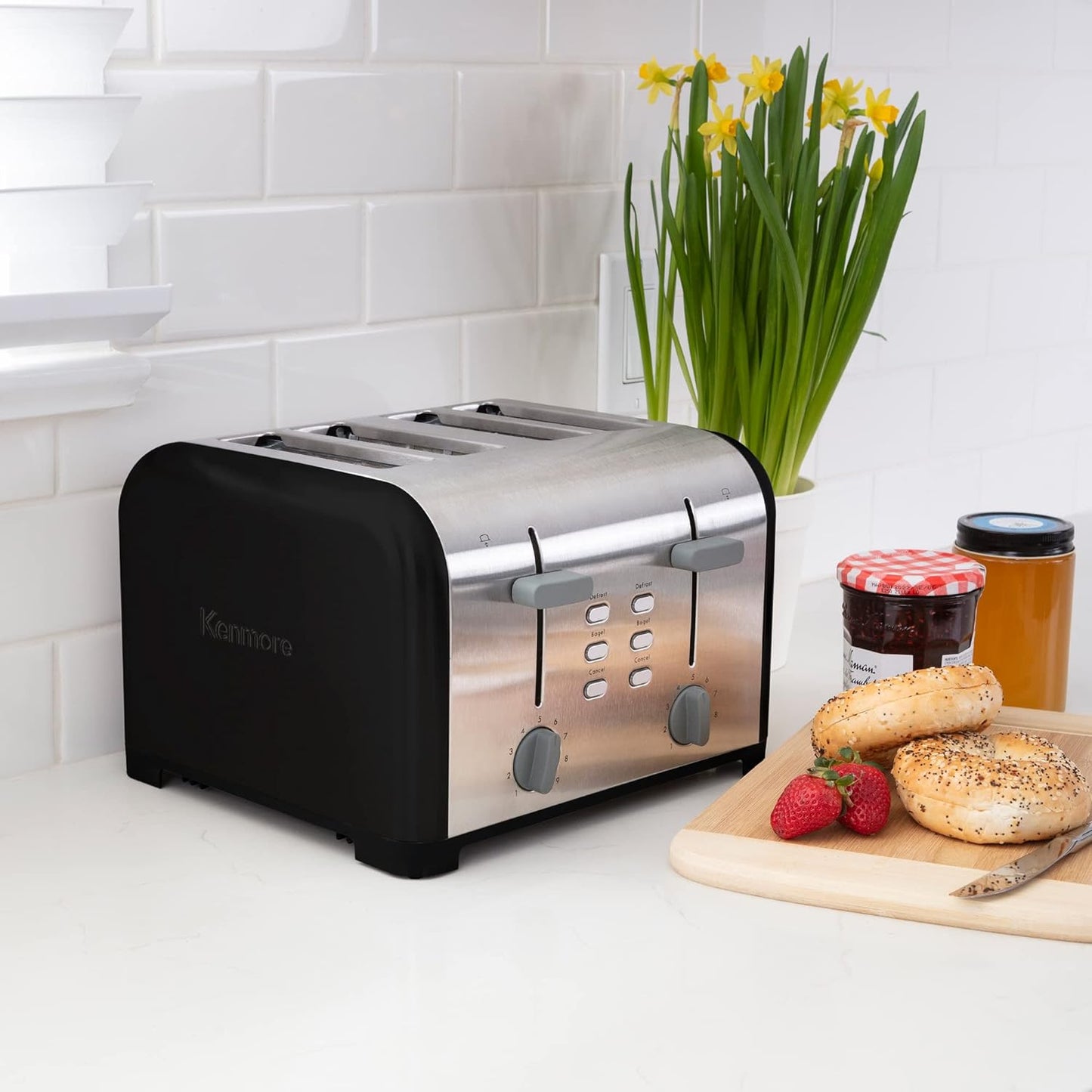 KENMORE 4-Slice Toaster, BlackStainless Steel, Dual Controls, Extra Wide Slots, Bagel and Defrost