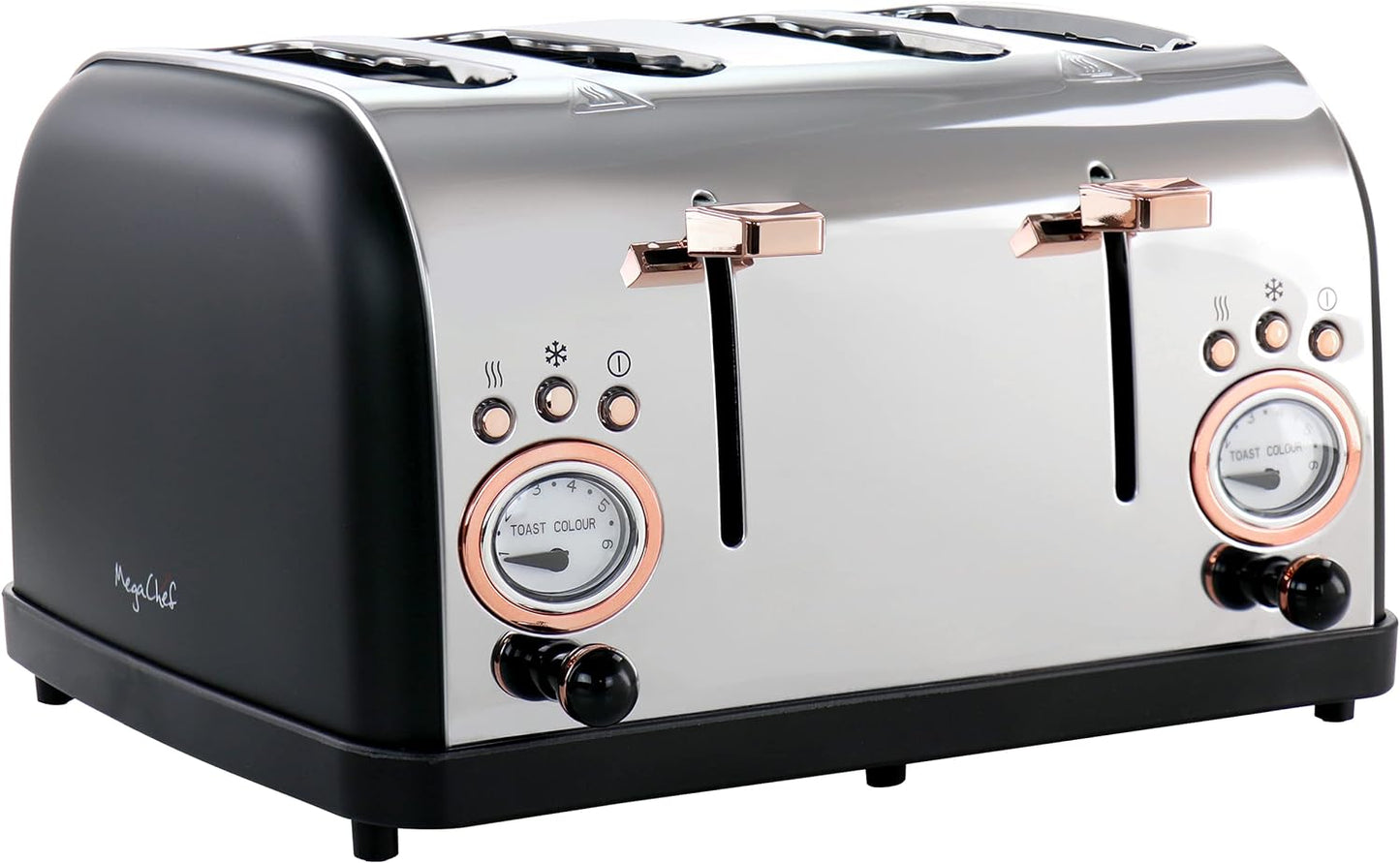 MegaChef 4-Slice Wide Slot Toaster With Variable Browning in Black and Rose Gold