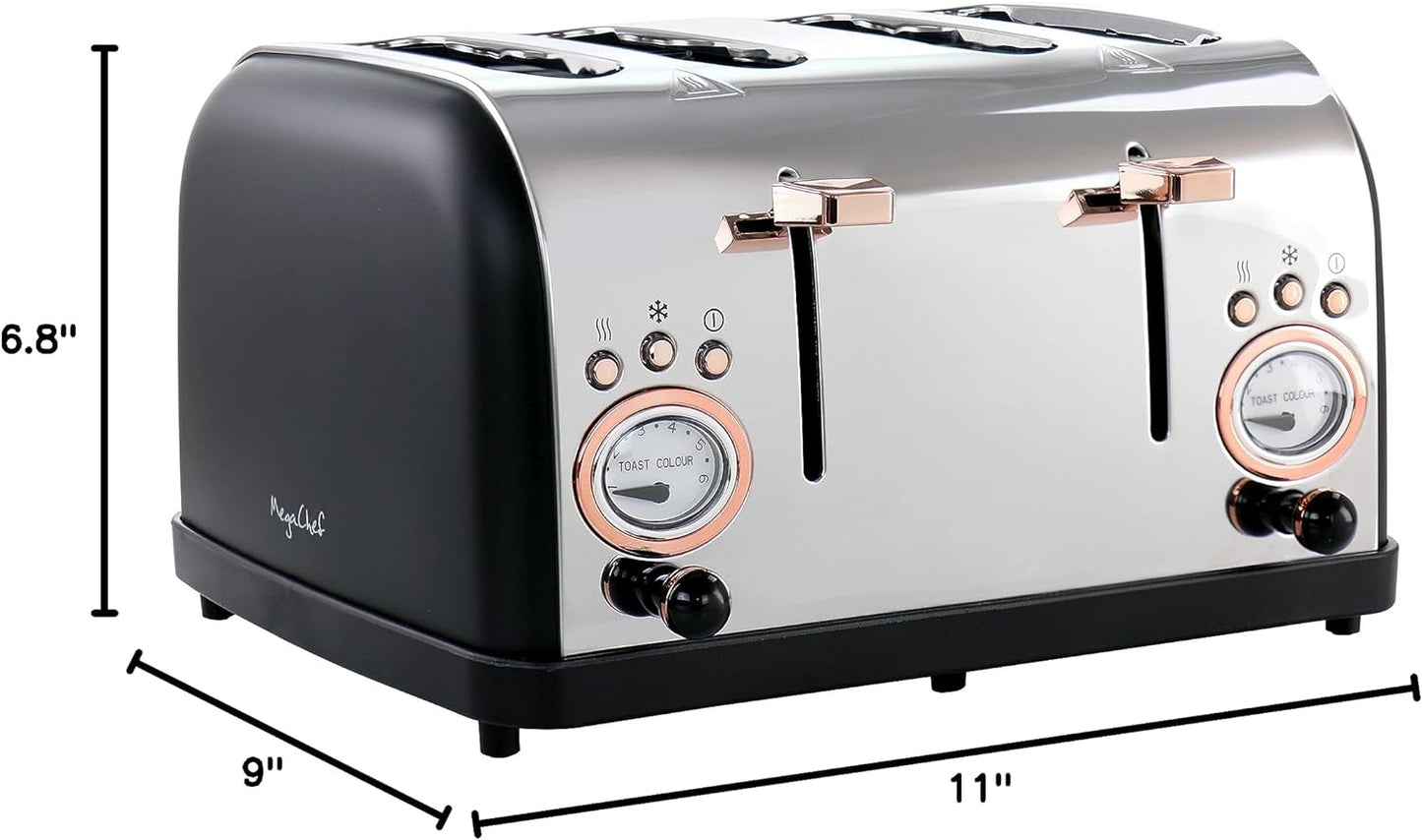 MegaChef 4-Slice Wide Slot Toaster With Variable Browning in Black and Rose Gold