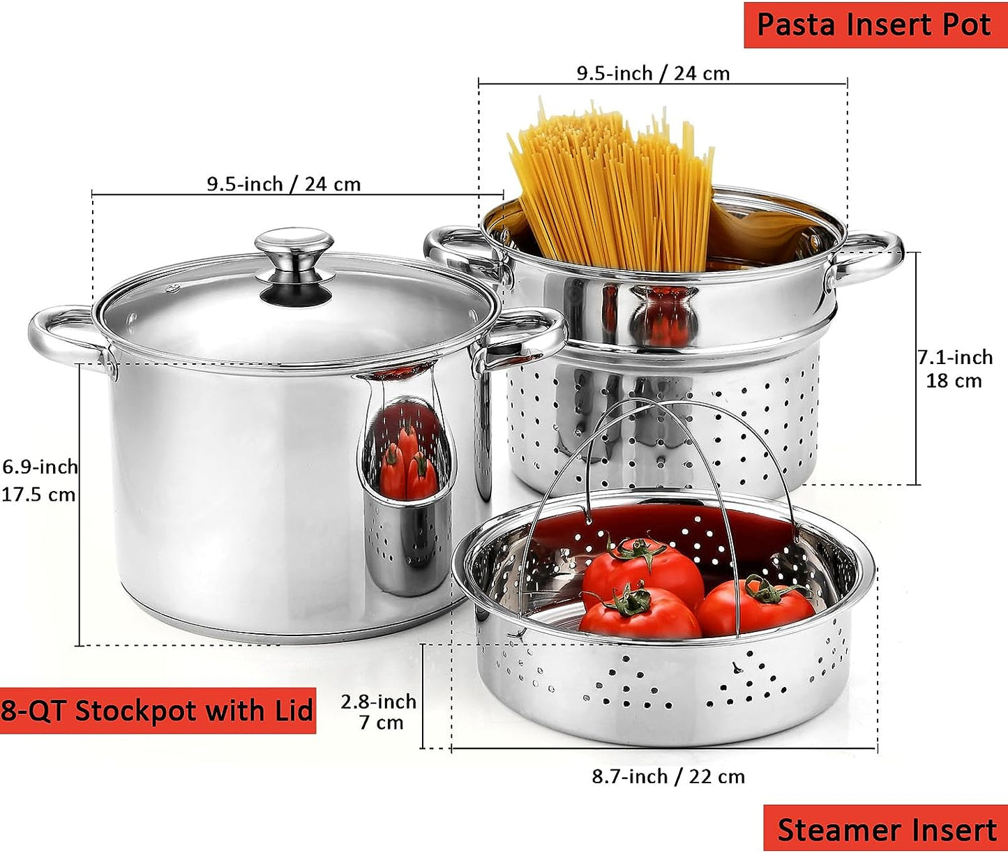 Cook N Home Stainless Steel 4-Piece 8 Qt. Pasta Cooker Steamer Multi-Pots