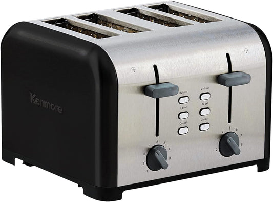 KENMORE 4-Slice Toaster, BlackStainless Steel, Dual Controls, Extra Wide Slots, Bagel and Defrost