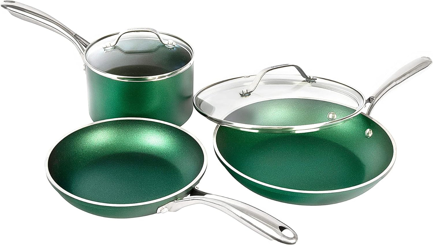 GRANITESTONE Emerald Green 5-Piece Aluminum Ultra-Durable Non-Stick Diamond Infused Cookware Set with Glass Lids