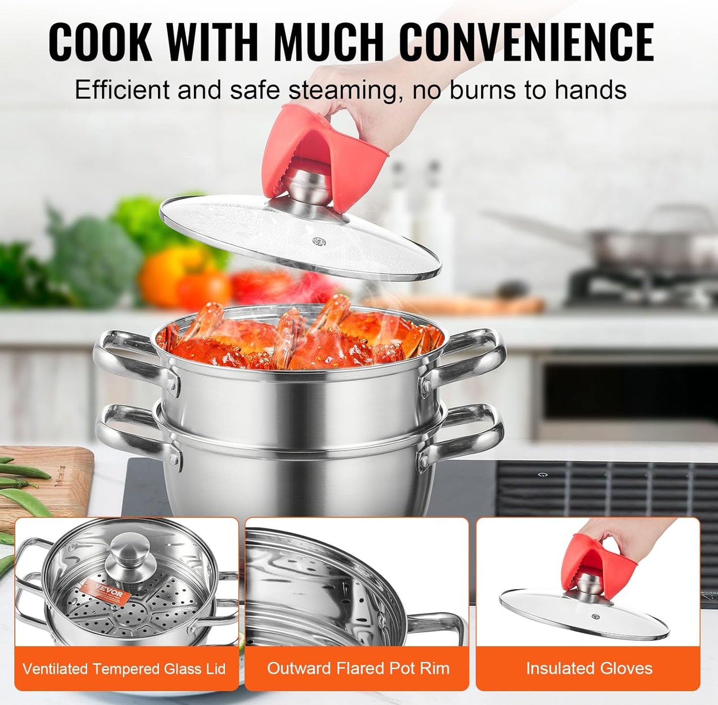 VEVOR Steamer Pot 9.5 in. Steamer Pot for Cooking with 5 qt. Stock Pot and Vegetable Steamer Stainless Steel Food Steamer