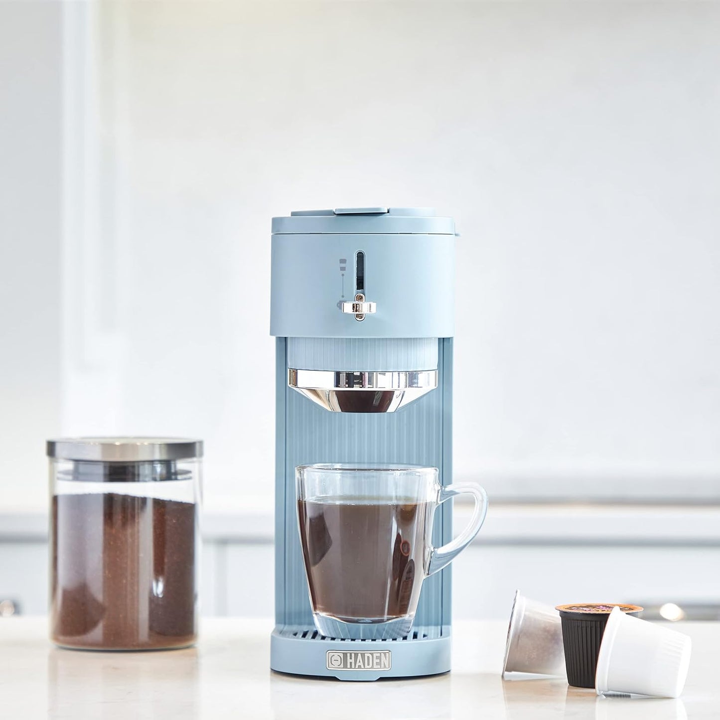 HADEN 1-Cup Single-Serve Sky Blue/Chrome Coffee Maker with Attachments for Single-Serve Pods and Ground Coffee