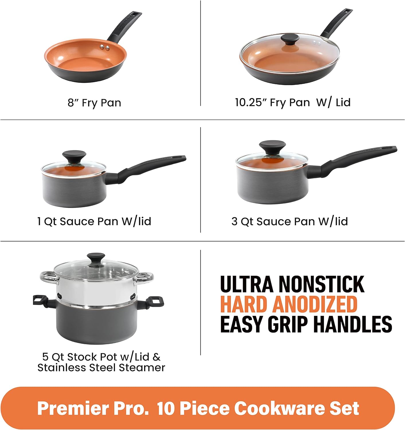 Gotham Steel Pro Premier Nonstick Hard Anodized Aluminum 10-Piece Cookware Set - Copper