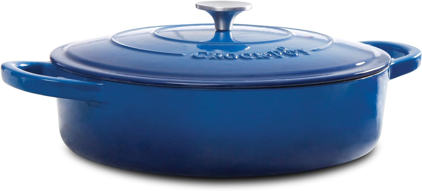 Crock-Pot Artisan 5 qt. Round Enameled Cast Iron Braiser Pan with Self Basting Lid in Blue