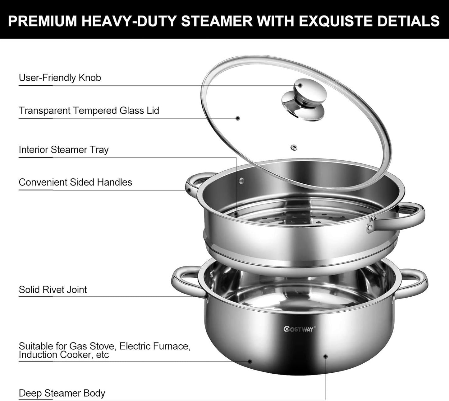 Bunpeony 2-Tier 9.5 qt. Stainless Steel Steamer Pot Cookware Boiler with 4.2 qt. steamer insert and Lid