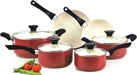 Cook N Home Stay Cool Handle 10-Piece Aluminum Ceramic Nonstick Cookware Set in Red